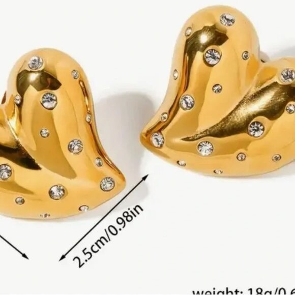Dazzling Golden Heart Stud Earrings with Crystal Embellishments ✨💕 - Picture 2 of 6